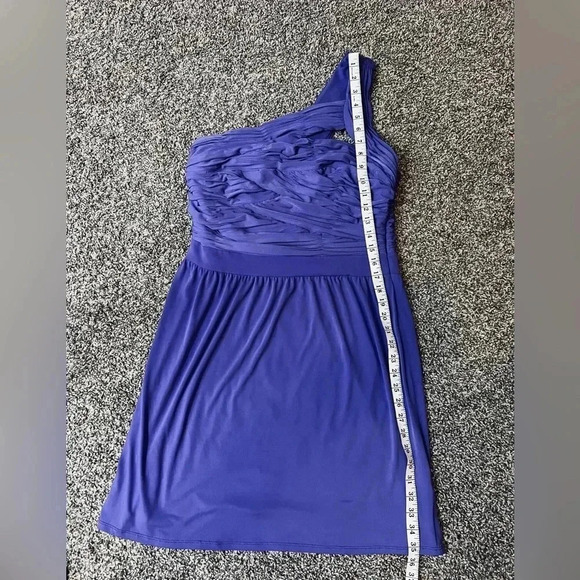 GIANNI BINI SMOCKED PURPLE SEMI FORMAL MIDI DRESS STRAPLESS SIZE LARGE - Picture 7 of 8